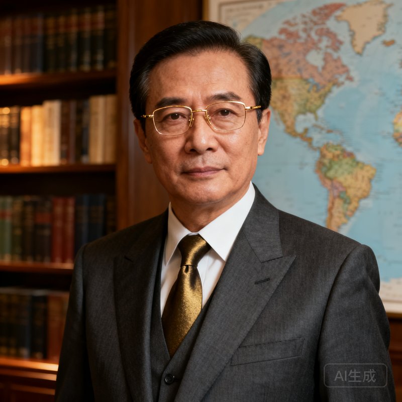 一位五十岁左右的资深礼宾总监男性半身照，他身着深灰色定制西装搭配暗金色领带，戴着一副金丝眼镜，背景是书架和世界地图，眼神沉稳而专注